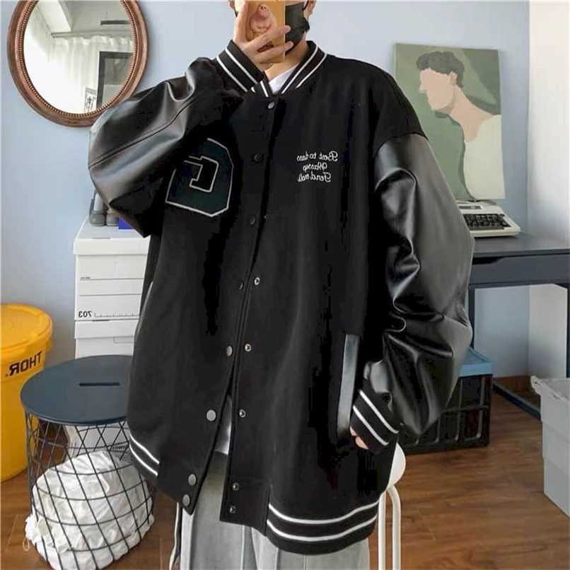 

Baseball uniform jacket men women Hong Kong style BF trend retro Light Up Street stitching leather jacket Korean motorcycle top 211029, Dark blue