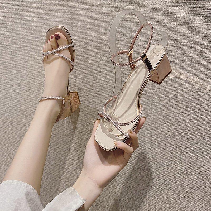 

Sandals High Heel Pearl Women Narrow Band Shoes Summer Party Dress Open Toe Thick Beige Gold