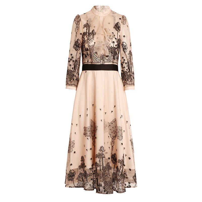 

Spring Women Elegant Luxury Embroidery Mesh Dress Femme Vintage Designer Ruffles High Waist Slim Party Vestidos 210526, Photo color