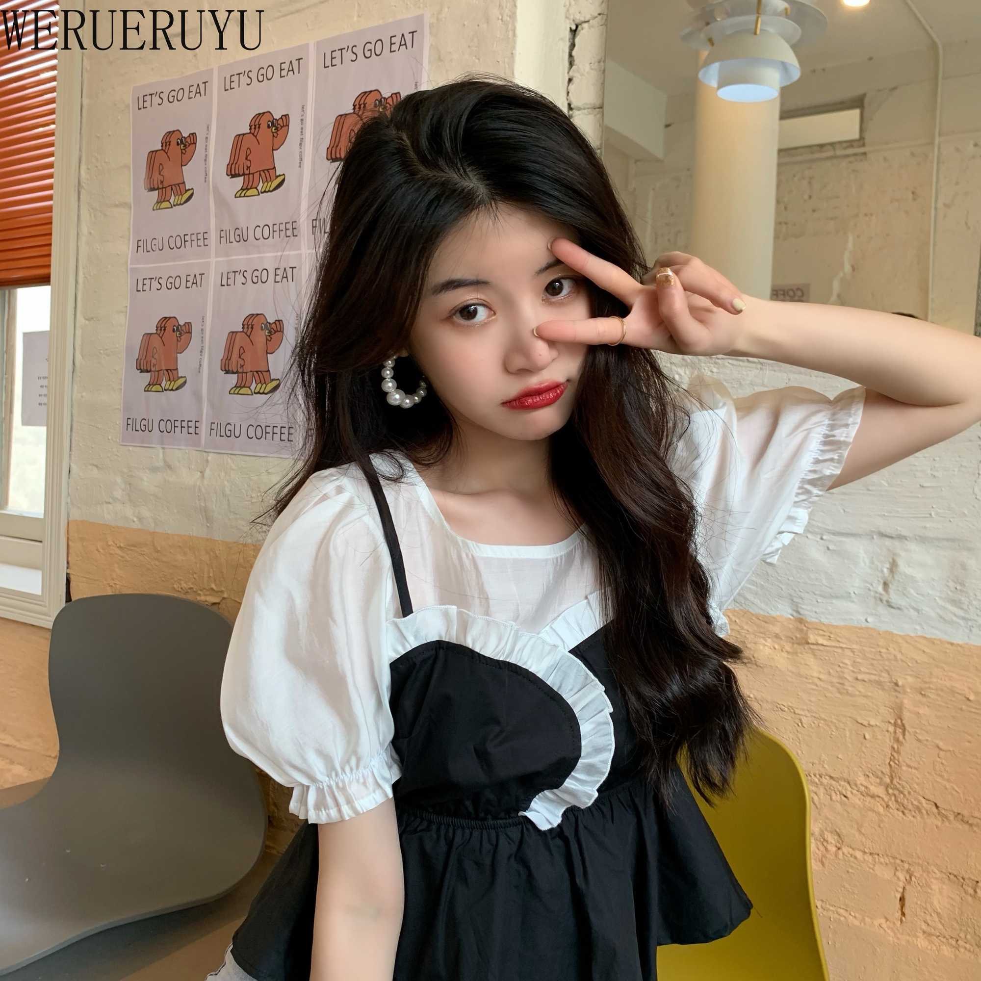 

WERUERUYU Ruffle O Neck Women Blouse Korean Fashion Puff Long Sleeve Shirt Patchwork Fake Two Pieces Top 210608, Photo color