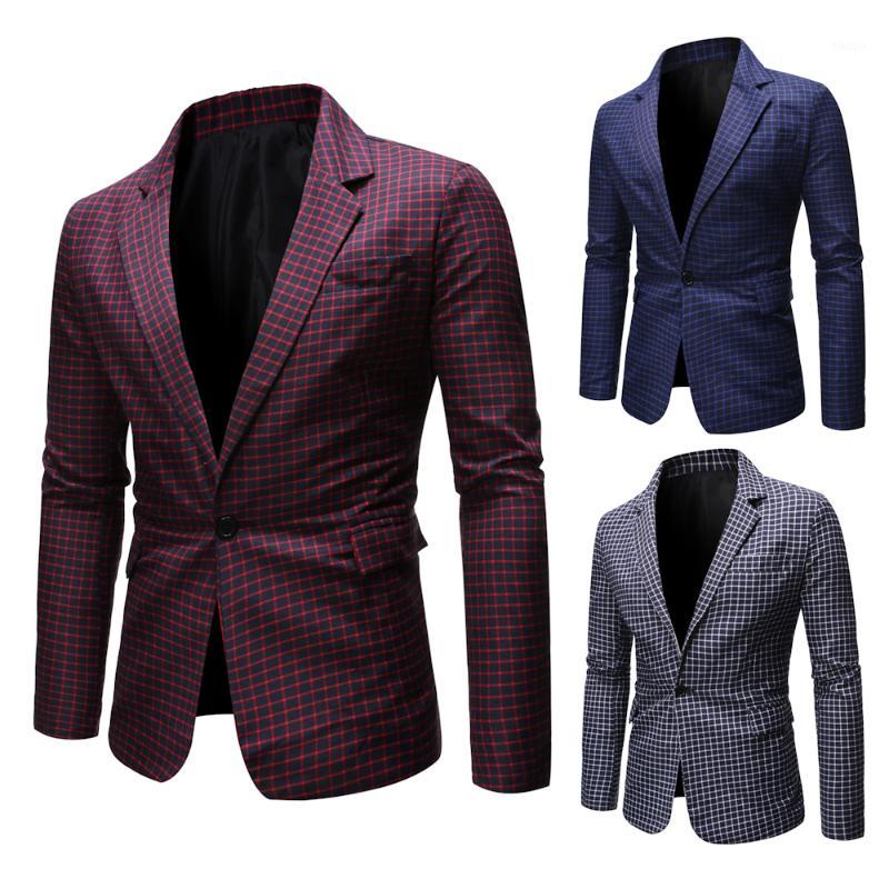 

Men's Suits & Blazers Casual Plaid Print Men Blazer Fashion Long Sleeve Wedding Dress Coat Autumn White Business Slim Fit Mens Jacket1, Blue