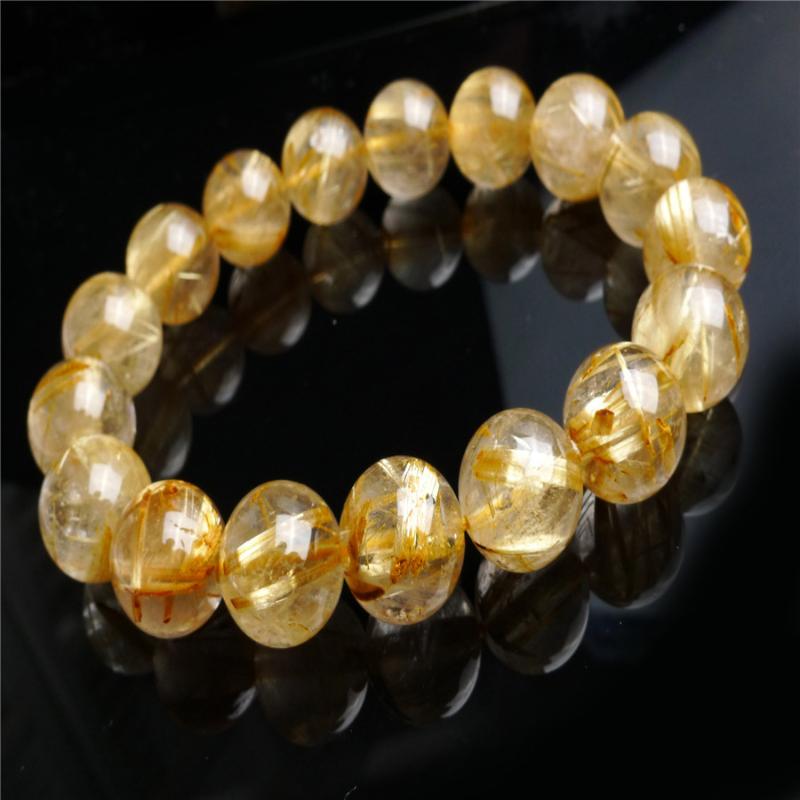 

13mm Brazil Genuine Natural Yellow Gold Hair Rutilated Quartz Stone Round Crystal Bead Bracelet CPAM Beaded, Strands