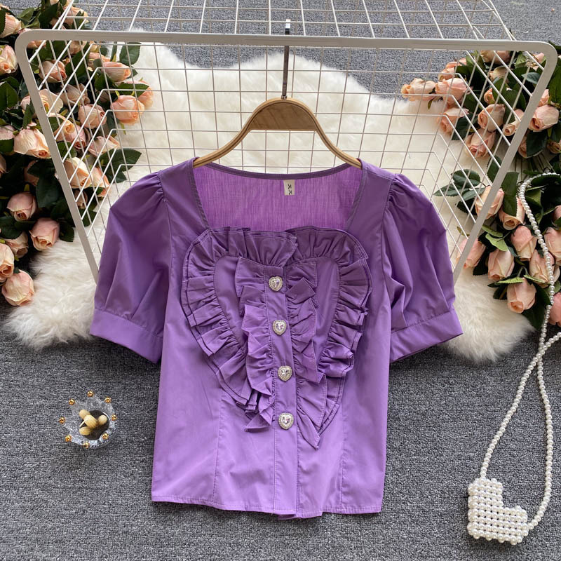 

Women Black Ruffles Button T-shirt Solid Color Round Neck Short Sleeve Fashion Temperament Spring Summer 11D592 210525, Green