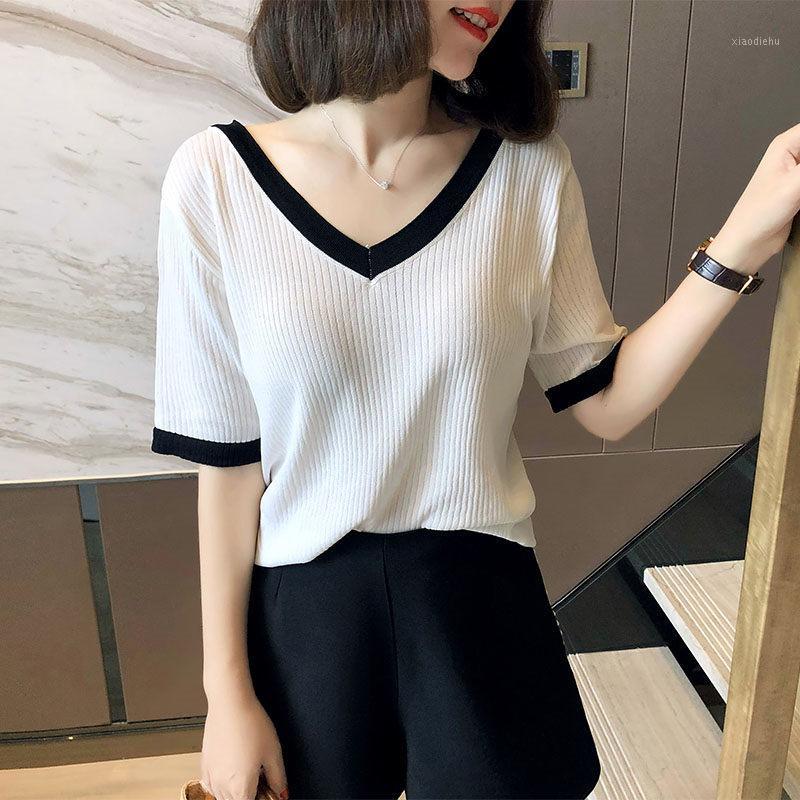 

Women's Sweaters Women Summer Knitted Shirt Casual Loose Color Matching Short Sleeve Sweater Slim V-neck Pullover Femme 2021 Blusaf1151, White;black