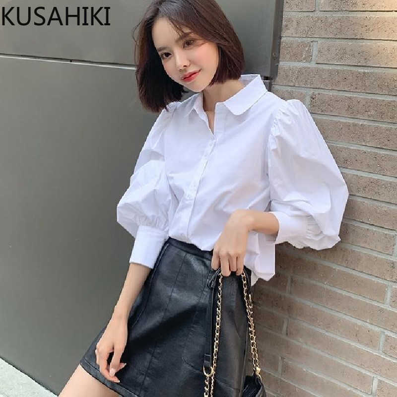 

KUSAHIKI Causal Puff Sleeve Blouse Women Korean Turn-down Collar Shirt Spring Autumn Solid Blusas Feminimos Top 6F364 210602, White