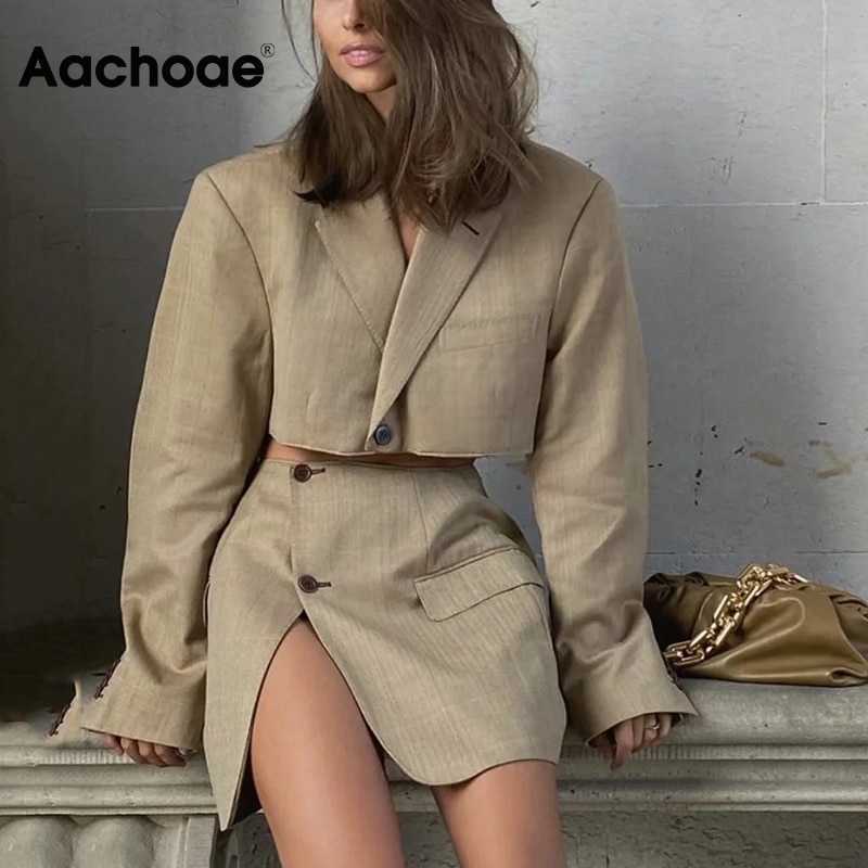 

Aachoae Fashion 2 Piece Set Women Blazer Skirt Suit Solid Color Cropped Blazer Sets Ladies Side Split Mini Skirts Outfits 210708, Khaki