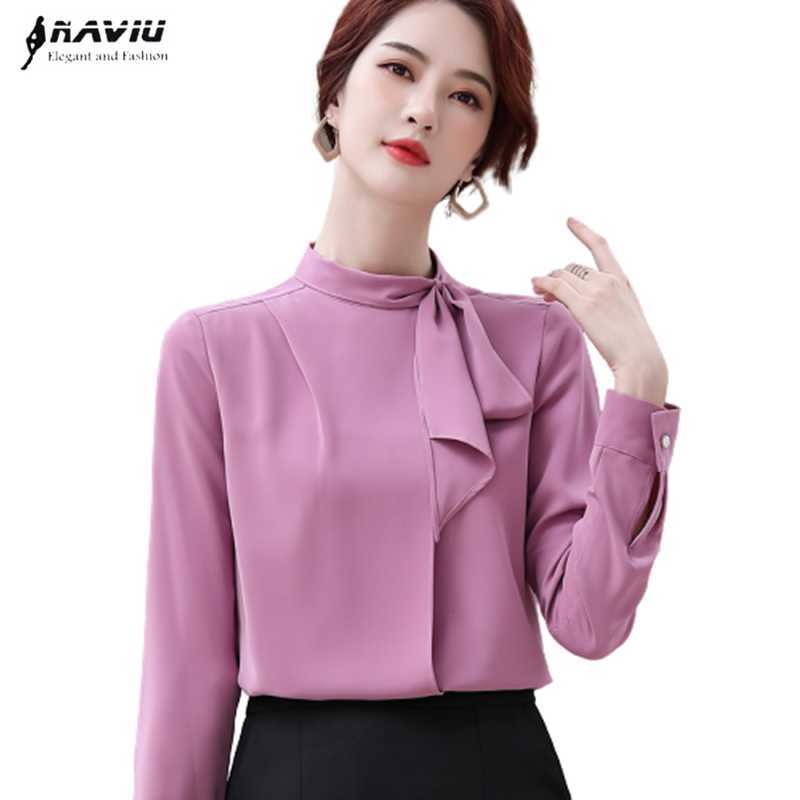 

High-End Professional Shirt Women Fashion Stand Collar Bow Chiffon Blouses Office Ladies Autumn Casual Work Tops 210604, White