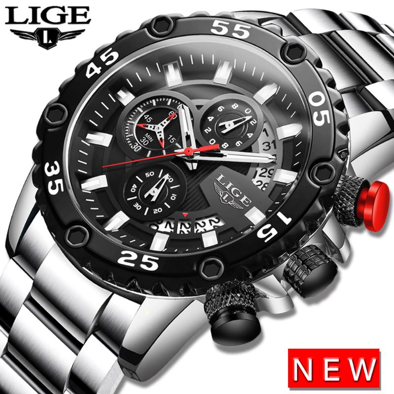

Wristwatches 2021LIGE Mens Watch Stainless Steel Sport Chronograph Watches Men Top Waterproof Quartz Relogio Masculino, Slivery;brown