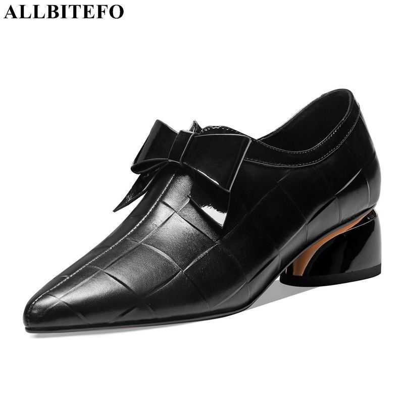 

ALLBITEFO sweet bowtie genuine leather thick heles women shoes brand high heels office ladies shoes women heels girls shoes 210611, As picture