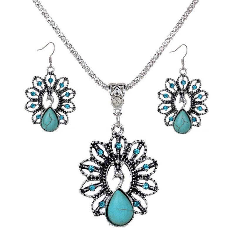

women's hollow peacock Tibetan silver turquoise earrings necklace set GSTQS028 fashion gift national style women DIY jewelry sets, As show