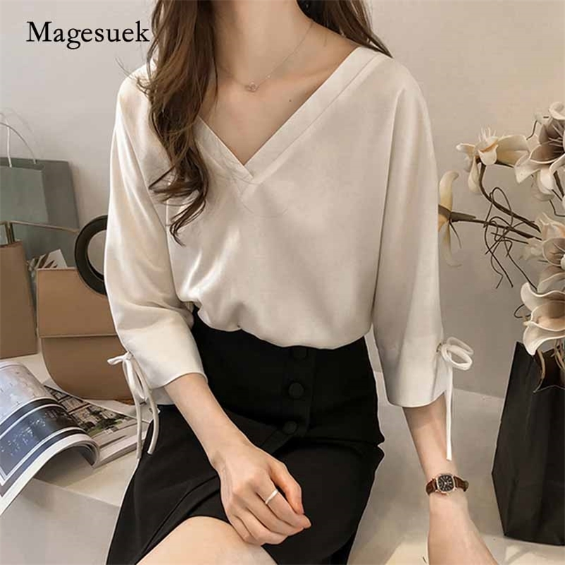 

Sweet Casual Chiffon Women's Blouse Plus Size Summer Tops Solid V Collar OL Fashion Woman s Blusas Mujer 1034 210518, White