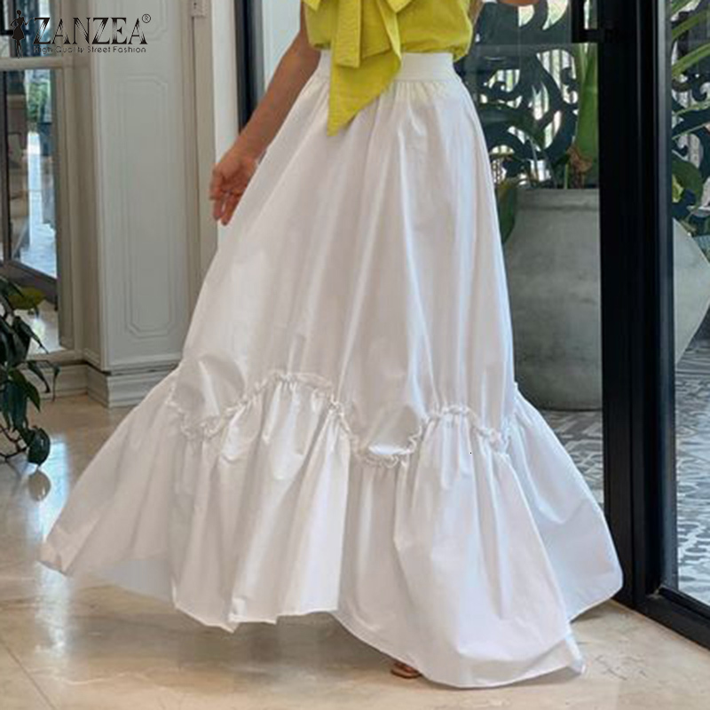 

Skirts 2021 Casual High Elastic Waist Maxi Vestidos Stylish Patchwork Women Spring Ruffle Sundress Female Faldas Saia 5XL 32D8, White