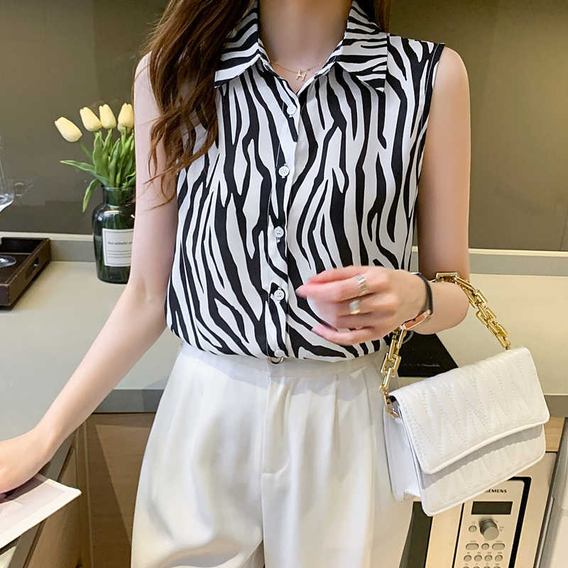 

Women' Shirt Pattern Blouses for Women Sleeveless Polo Neck Fashion Office Lady  Top Print Woman Tops and Blouse 210604, Picture color