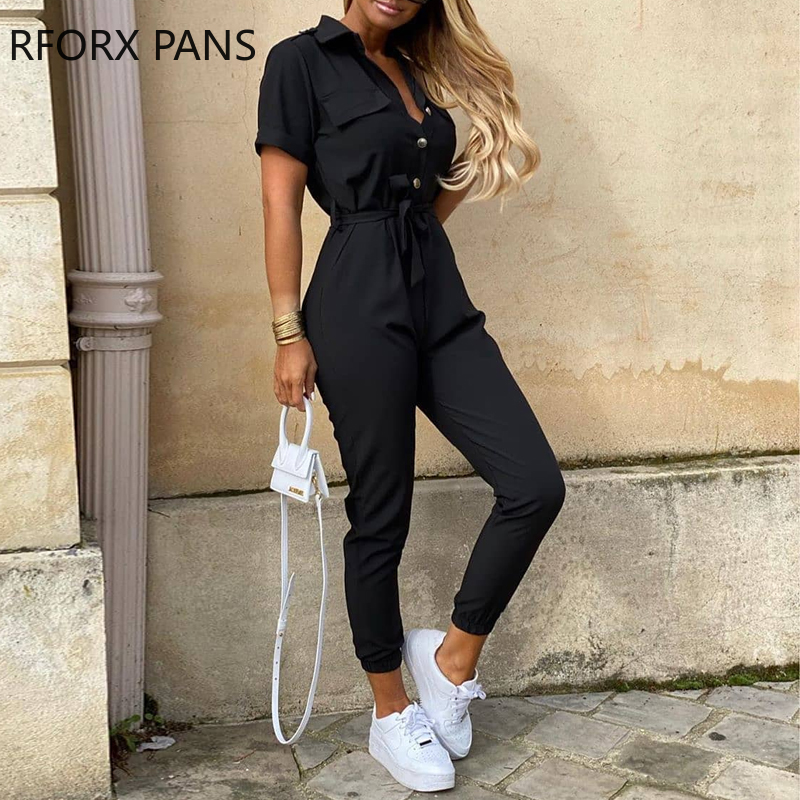 

Womens Short Sleeve Casual Pockets Lace Up Solid Jumpsuit, Black