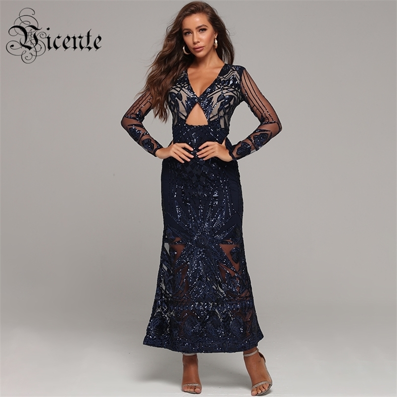

Chic Floral Sequins V Neck Sexy Waist Hollow Out Design Celebrity Party Maxi Long Dress 210520, Blue