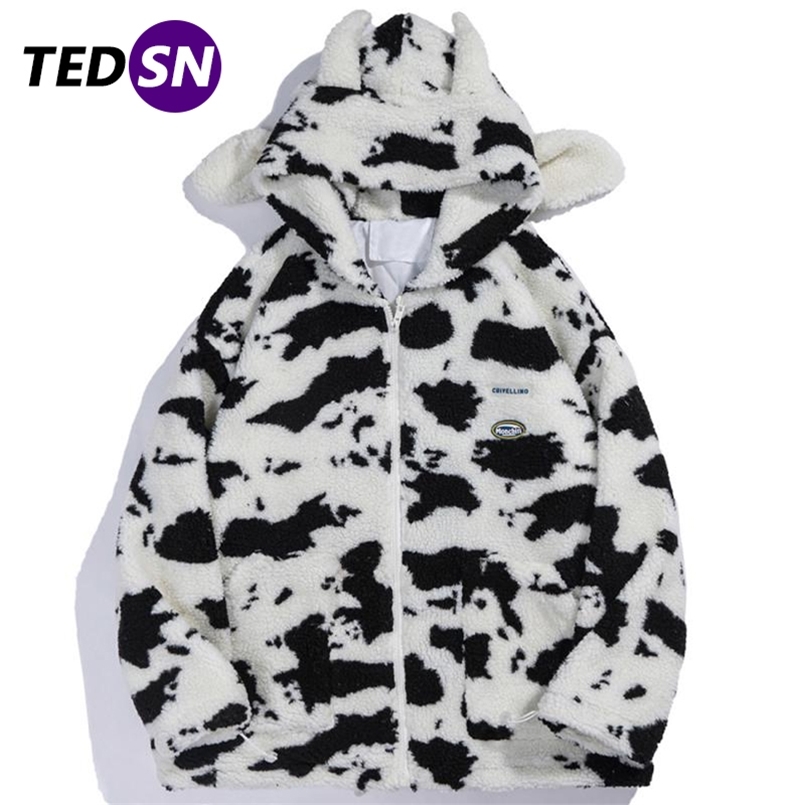 

TEDSN Cow Zip Up Coat Jacket Men Women Kawaii Hoodie Winter Oversize Streetwear Casual Top Wool Cosplay Fashion Clothes 220124, White