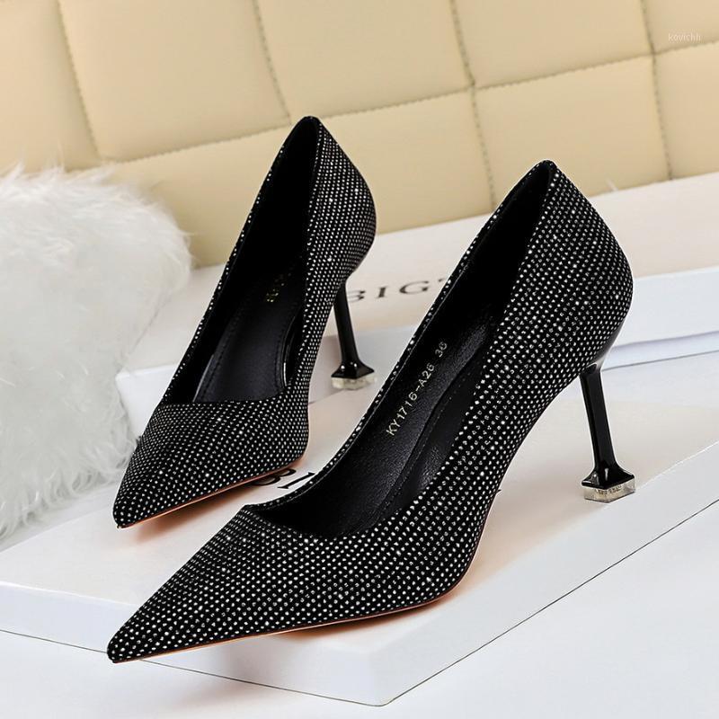 

Dress Shoes Luxury High Heels Women Glitter Bling Pumps Fashion Slip On Pointed Toe Slides Shallow Zapatos Mujer Black, Black 9.5cm