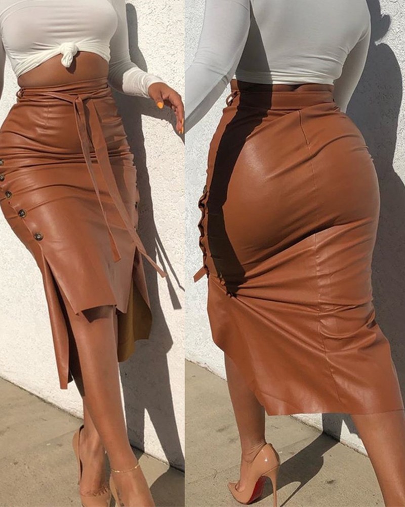 Women Trendy PU Leather Midi Skirt Solid Color High Waist Lace-up Side Button Slim Skinny Pencil Skirt for Ladies Streetwear X0428-image-697549068