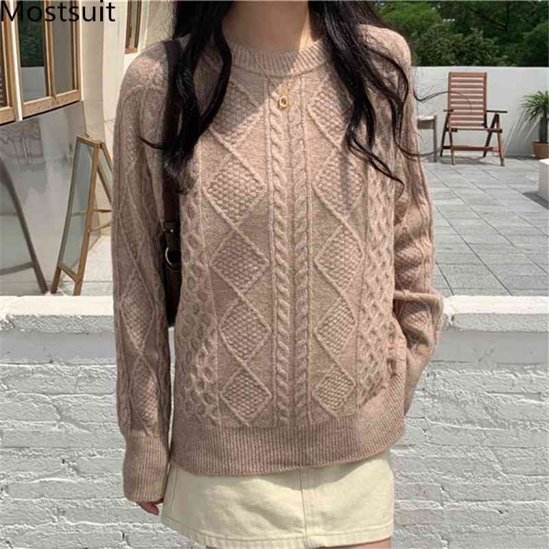 

Korean Twisted Knitted Pullover Sweater Women Autumn Winter Long Sleeve O-neck Casual Fashion Vintage Ladies Tops Jumpers 210518, Khaki