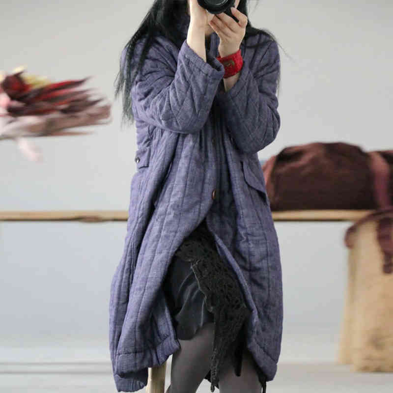 

Johnature Winter Cotton Linen Trench Coat Leisure Women Clothes O-neck Collar Pockets Full Sleeve Casual Long Coats 210521, Blue