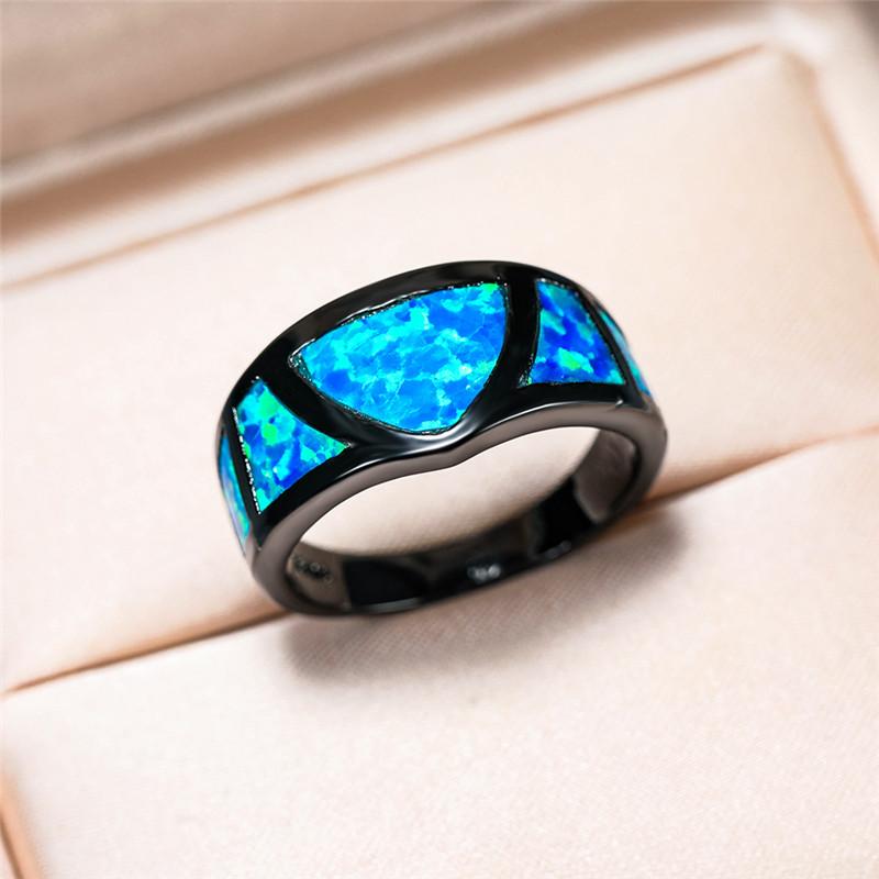 

Cluster Rings Unique Triangle Blue Fire Opal Stone Ring Geometric Birthstone For Women Black Gold Filled Engagement Band Wedding Jewelry