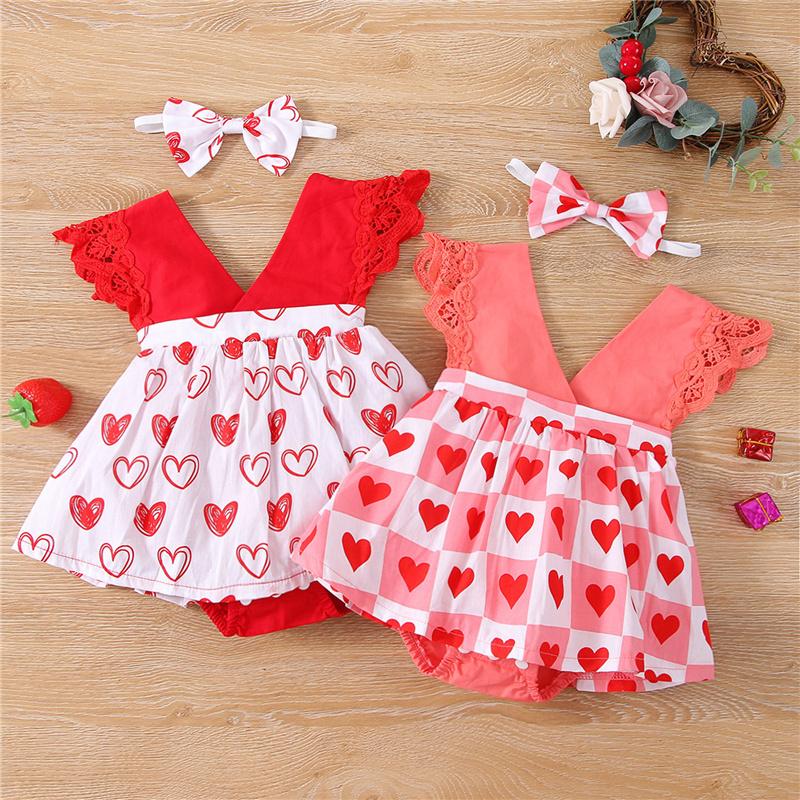 

Clothing Sets Born Baby Girls Sweet Casual Clothes Set, 2Pcs Toddler Infant Heart Printed Pattern Sleeveless Deep V-neck Romper + Headdress, White