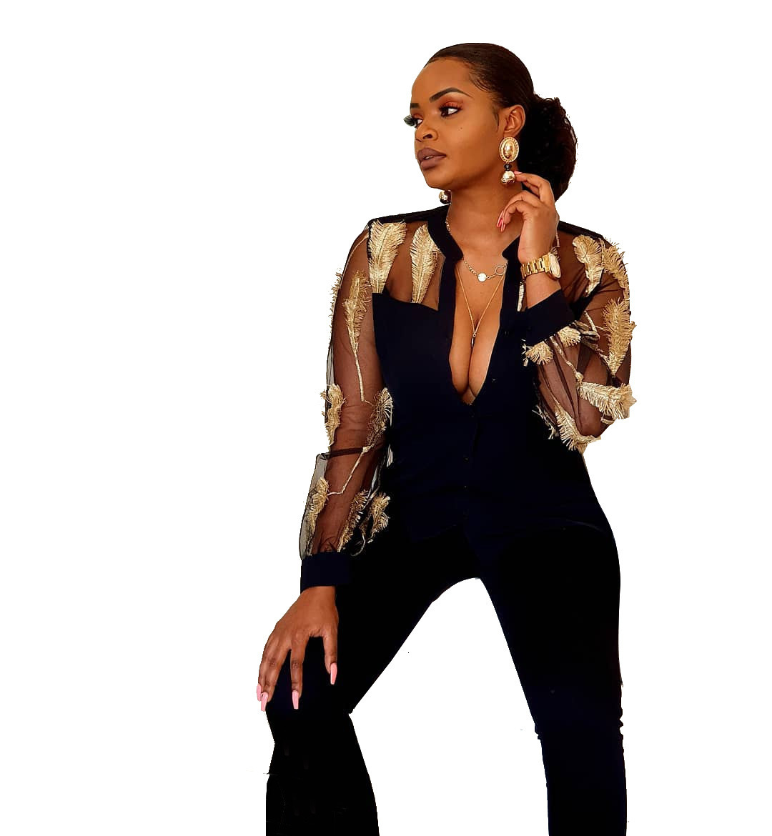 Stunning Feather Embroidery Women Jumpsuits Long Sleeve See Through Deep V Neck Fashion Lady Party Rompers Pants Elegant Outfit est-image-680602654