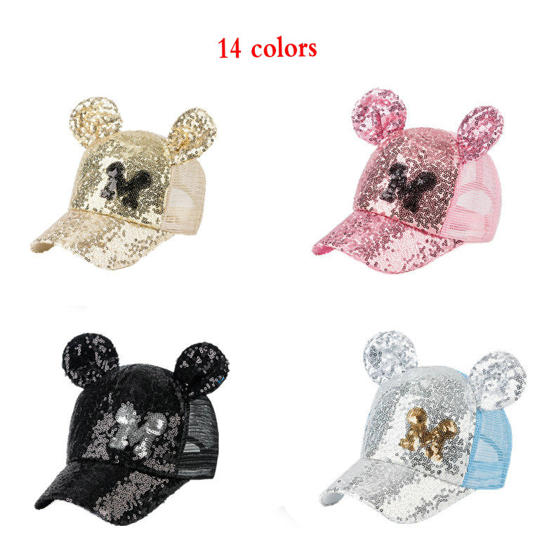 

5pcs Kids bear sequins baseball cap 2-8Y 14 colors boys girls fashion mesh ball hat net sun hats adjustment visor Caps children boutique Accessories, Mix 14 colors