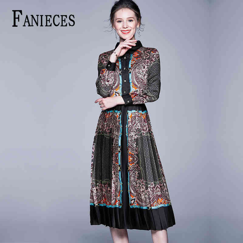 

long sleeve bow Runway Dress Women's high-Quality Collar Baroque Print Casual brown midi Dresses Party Vestido ropa mujer 210520