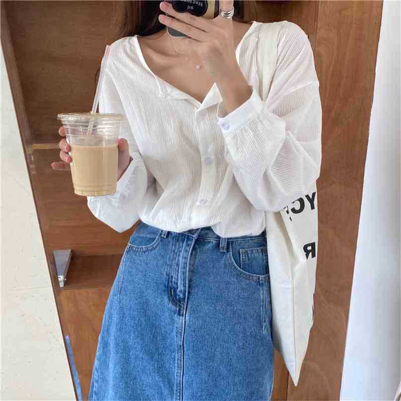 

Korean Loose O-Neck Brief Women Shirts Striped Fashion High Quality All Match OL Geometric Blouses Clothe 210525, Blue