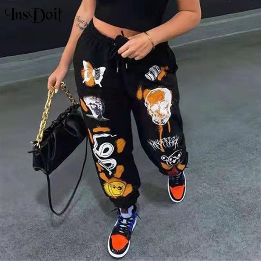 

streetwear gothic y2k harajuku print women capris vintage drawstring lace up trousers aesthetic fashion harem, Black;white