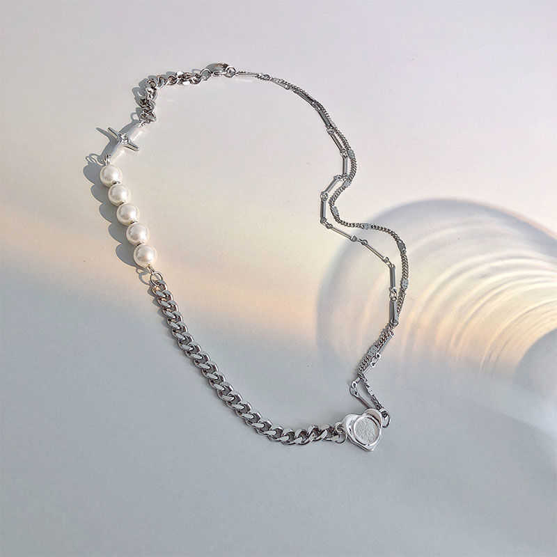 

Personality Pearl Heart Chain Necklace Titanium Steel Love Cross Clavicle Necklaces Simple Punk Jewelry Gifts