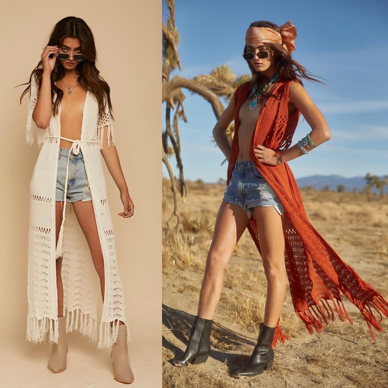 

Swimsuit Cover Up Plus Size Summer Dress Tassel Knit Cardigan Braided Belt Long Style Beach Coat Swimwear Smock Sunblock Woman Women's, Zs574 orange