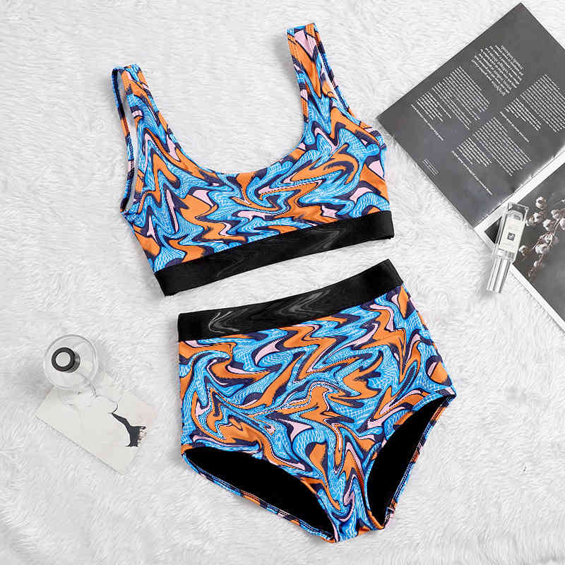 

Letter board conservative sports TB split high waist bikini women's swimsuit, Blue