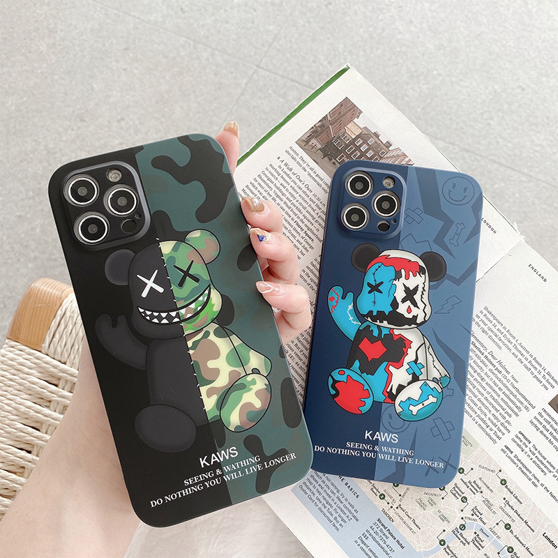 

Fashion Designer iphone 11 phone cases blue green camo bear printed protective phones case for iphone se 7/8 plus X/XS XR 12 Pro max mini wholesale