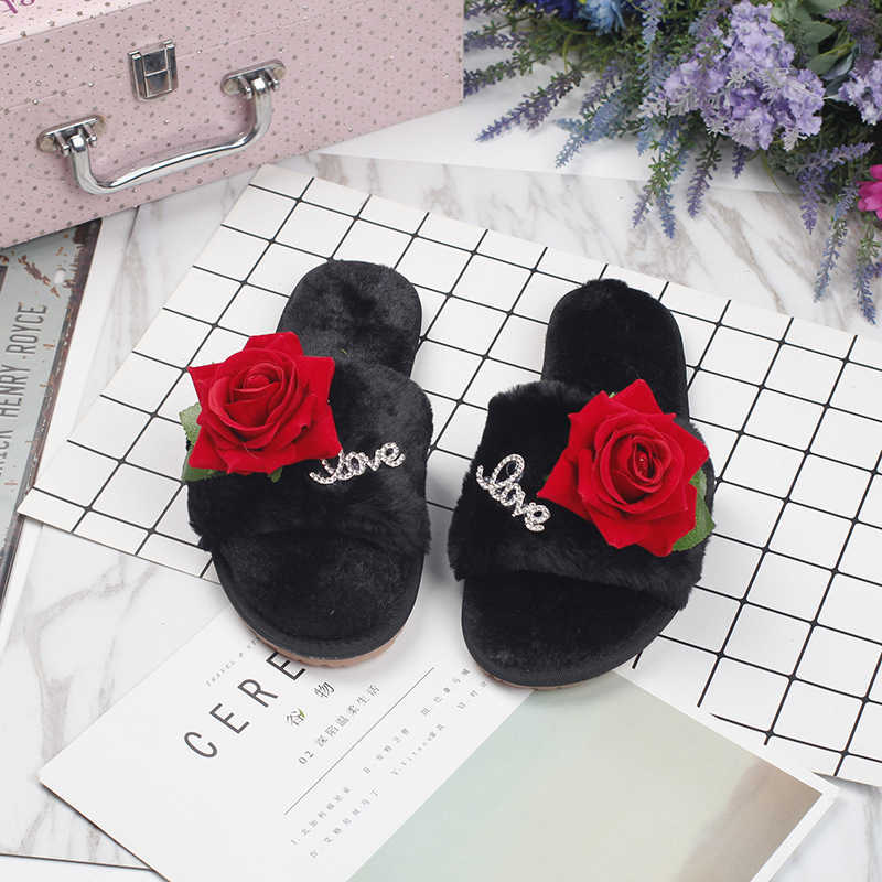 

2021 Women Red Rose Flower House Slippers Women Winter Warm Shoes Woman Slip On Flats Slides Female Faux Fur Slippers Wholesale H0827