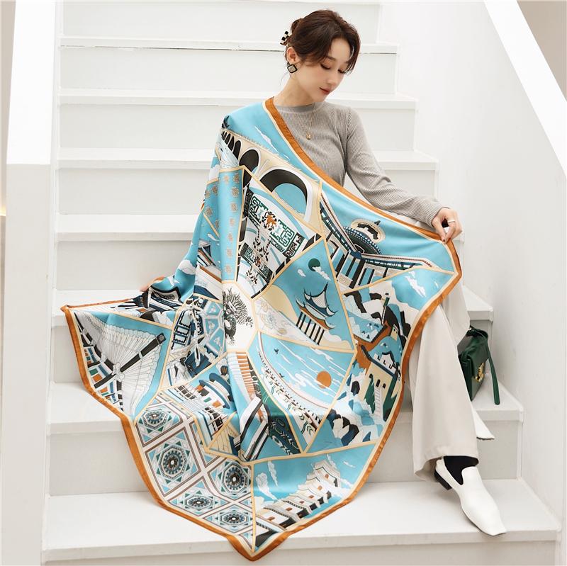 

Scarves 2022 Muslim Headscarves Luxury Silk Square Scarf Women Print Hijab Shawls Wraps Bandana Female Foulard Headbands Bufanda, Blue;gray