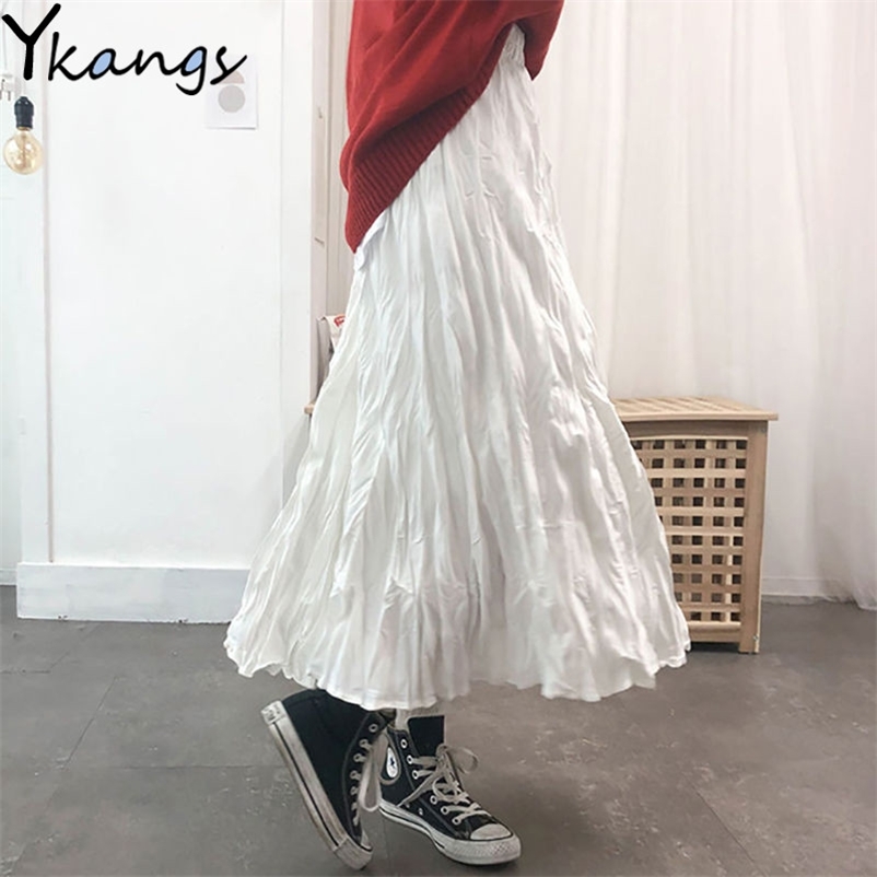 Summer Solid White Black gothic pleated skirts womens harajuku high waist long skirt plus size satin midi skirt streetwear 210412Z