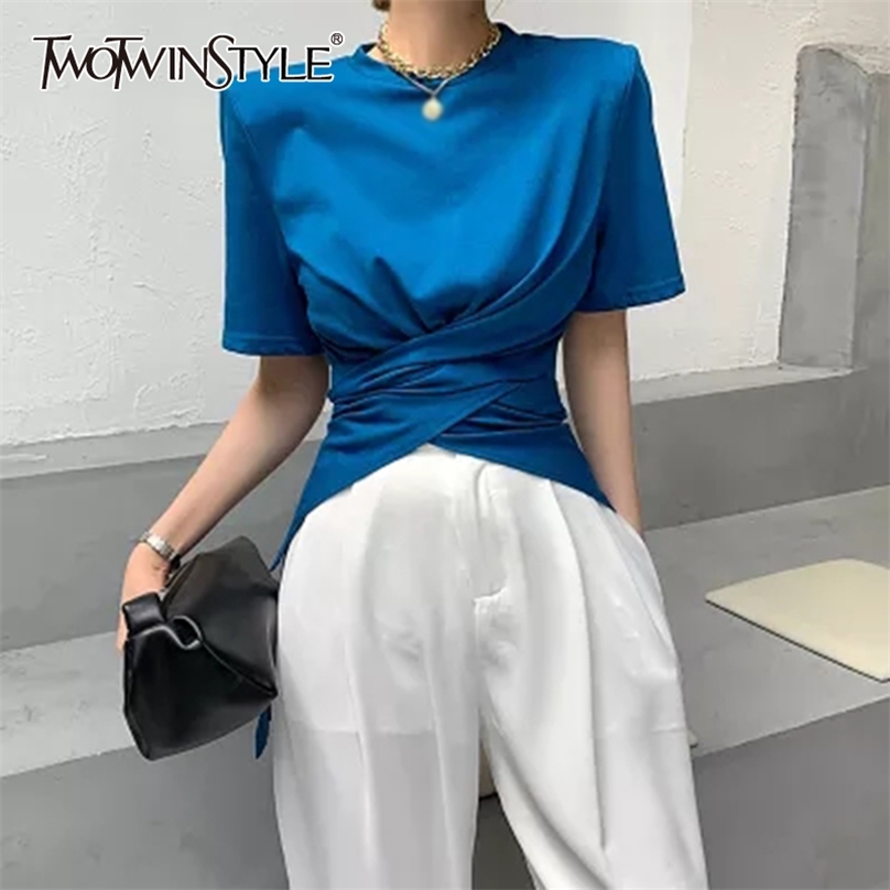 

TWOWINSYLE Casual Ruched Irregular Shirt For Women O Neck Short Sleeve Solid Shirts Females Summer Fashion Stylish 210720, White