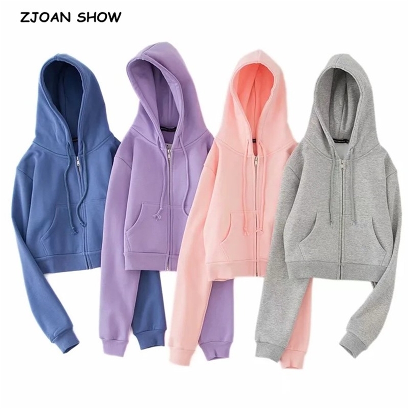 

Autumn Winter Harajuku Open Zipper Long Sleeve Hoodies Fleece Cropped Hooded Sweatshirt Women Casual Jumper Short Sweats 210429, Blue