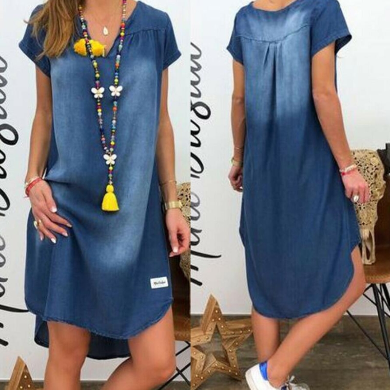 

2021 Women V Collar Pullover Short Sleeve Denim Dress Plus Size Dress Casual Dress Vestidos Summer Plus Size Beach Summer, Blue b