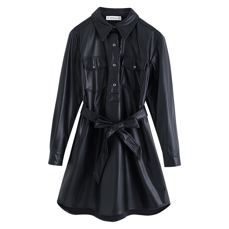 

Chic Black Pockets PU Leather Dress Women Fashion Turn Down Collar Dresses Elegant Ladies Tie Belt Mini Dresses 210520, Pic