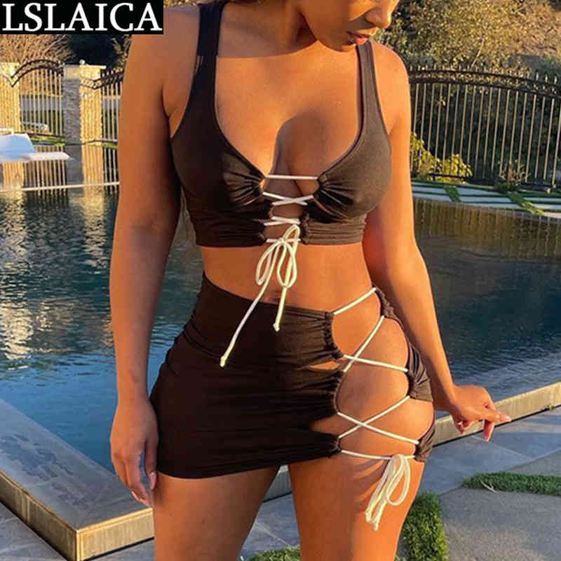 

Two Piece Set Women Crop Top&skirt Solid Color Criss-cross Hollow Out Sets Knit Sexy Party Clubwear Summer Female Clothing 210520, Orange