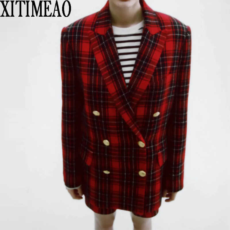 

ZA Women Fashion Double Breasted Tweed Check Blazers Coat Vintage Female Outerwear And High Waist Shorts 2-piece Set 210602