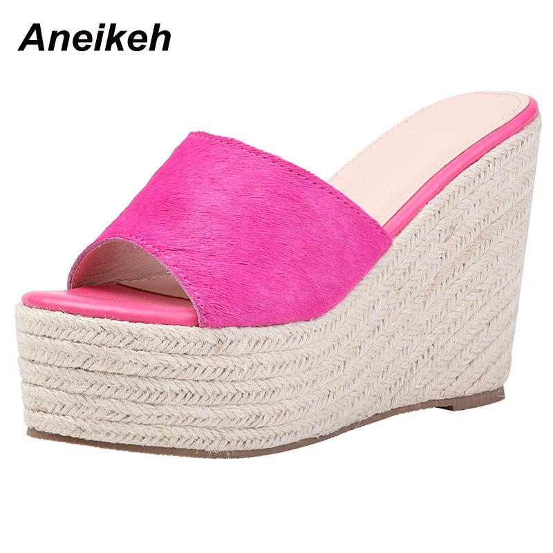 

Aneikeh Sexy Slippers Women Mules Summer 2021 Head Peep Toe Pleated High Heel Wedges Fashion Slip On Ladies Party Shoes34-39, Black