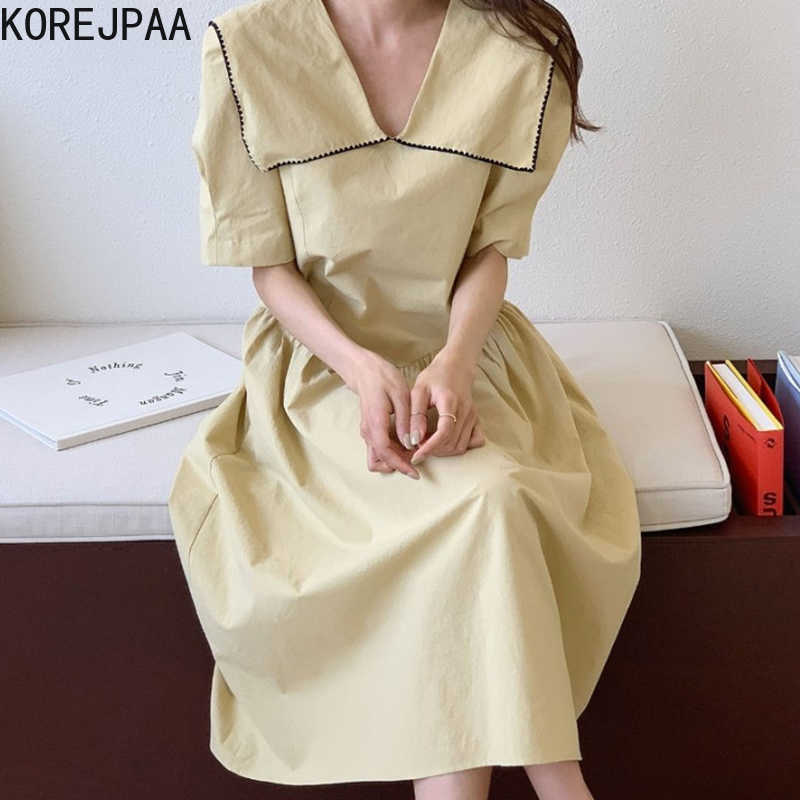

Korejpaa Women Dress Summer Korean Chic Ladies French Niche Lace Contrast Large Lapels Pleated Loose Short-Sleeved Vestidos 210526, Yellow