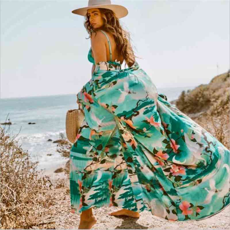 

rayon green crane print loose cardigan beach skirt bikini jacket, Black;gray