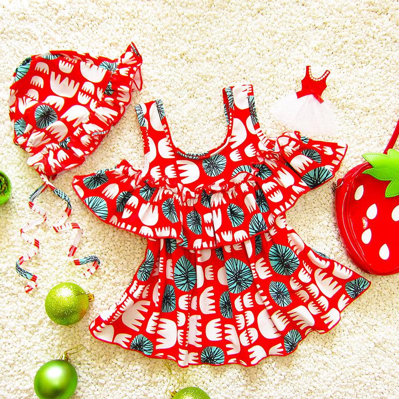 

One-Piece Suits Novel Printed Princess Red Dress Type Girls Swimwear One Piece W/Cap Kids Swimsuits Beach Bathing Swimming Clothes 2021 CO