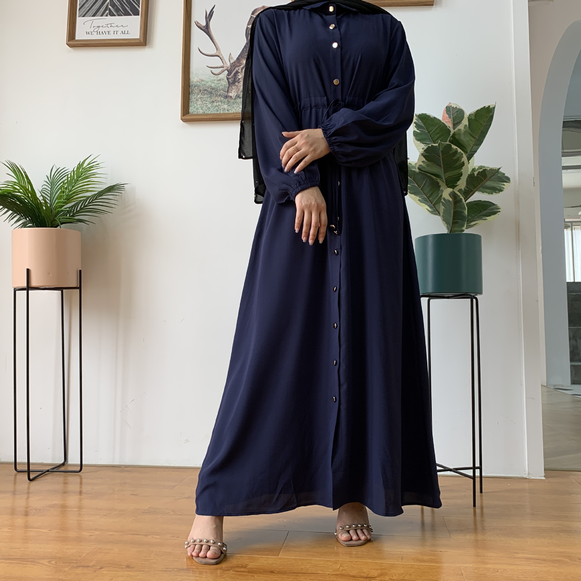 

Pure Color Simple Muslim Dress Women Long Sleeve Lace-up Slim Hijab Dress Musulman Islamic Clothing Dubai Arab Kimono Long Robe