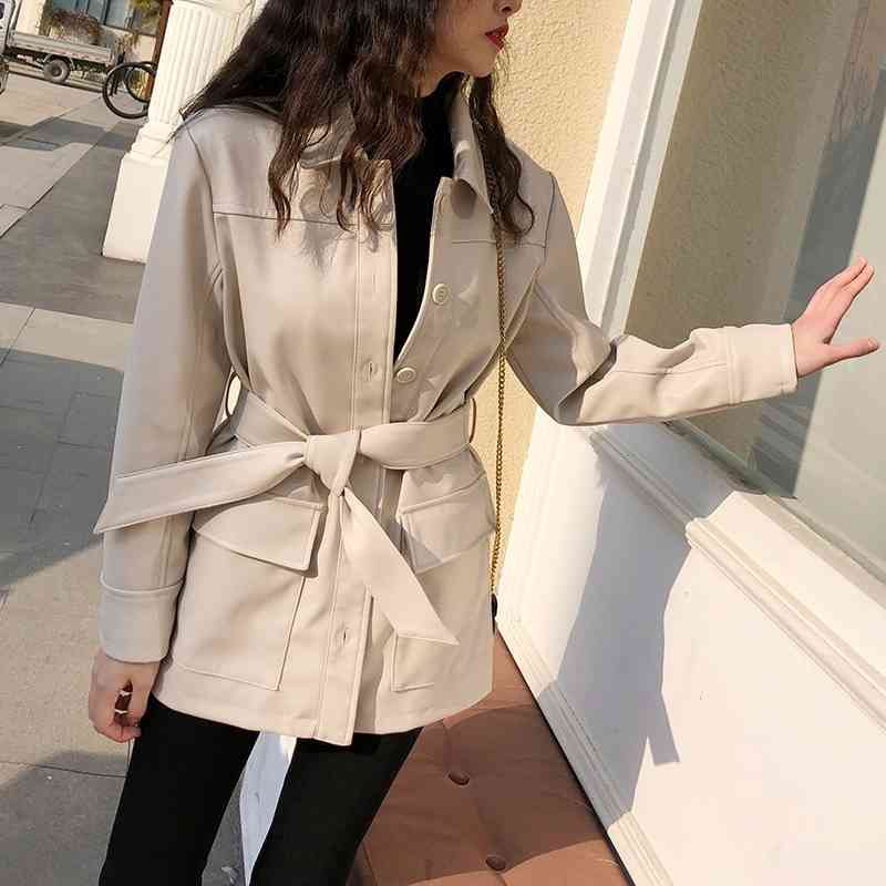 

women's leather & faux jacket synthetic leather, woman's coat baggy long sleeve qc62, Black
